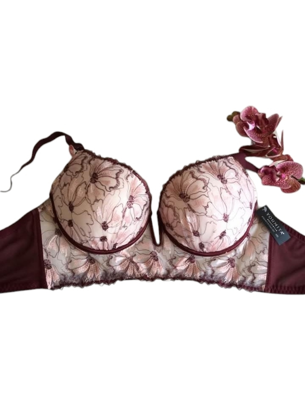 NWT Maroon Cream Floral Underwire Lace Longline Drop Push Up Bra